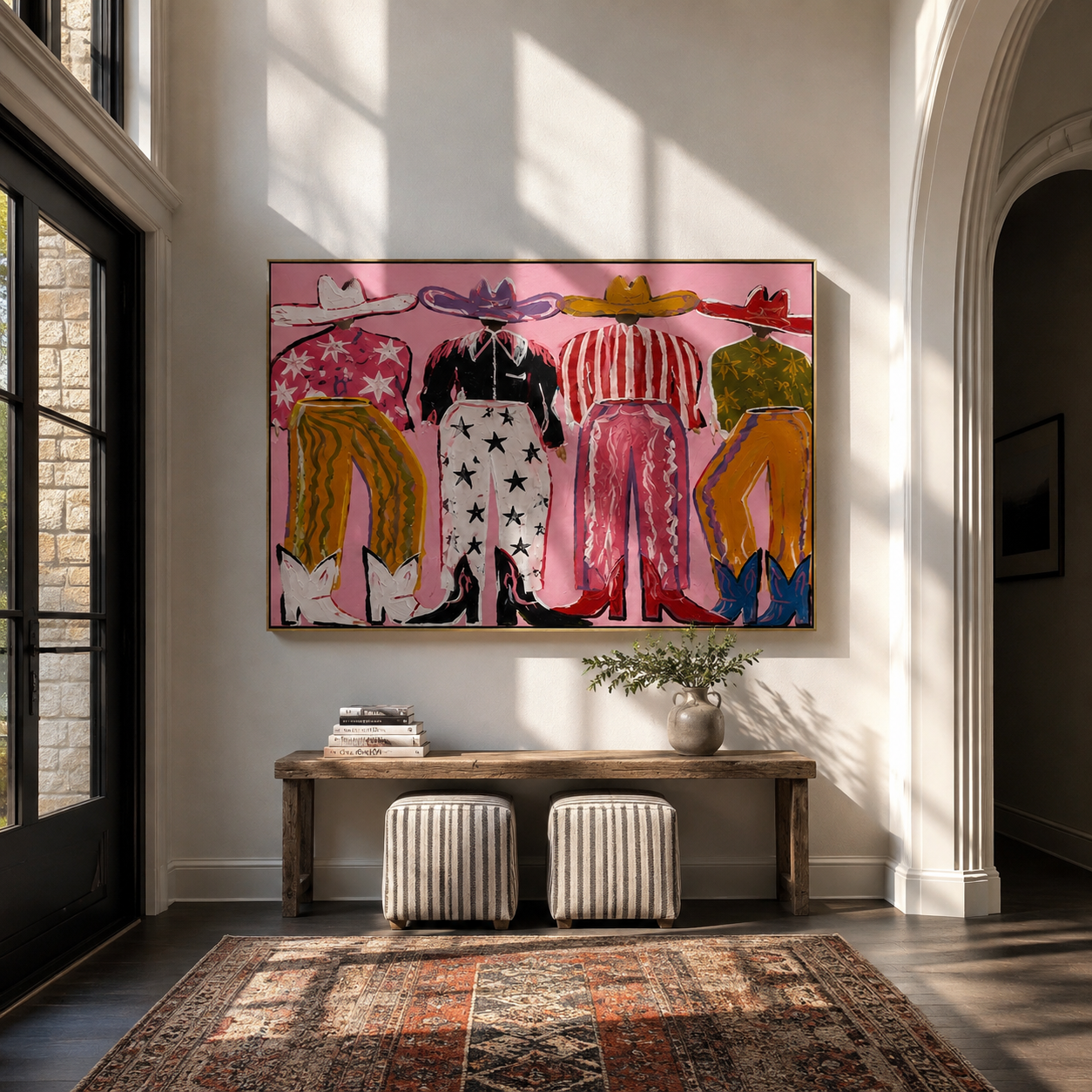 Stars Dress the West - five colorful cowboy figures painting by Savannah Reed, modern folk art horizontal wall art – styled room scene view 1