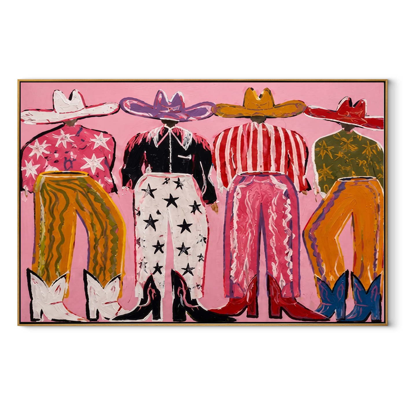 Stars Dress the West - five colorful cowboy figures painting by Savannah Reed, modern folk art horizontal wall art – wood frame on white background