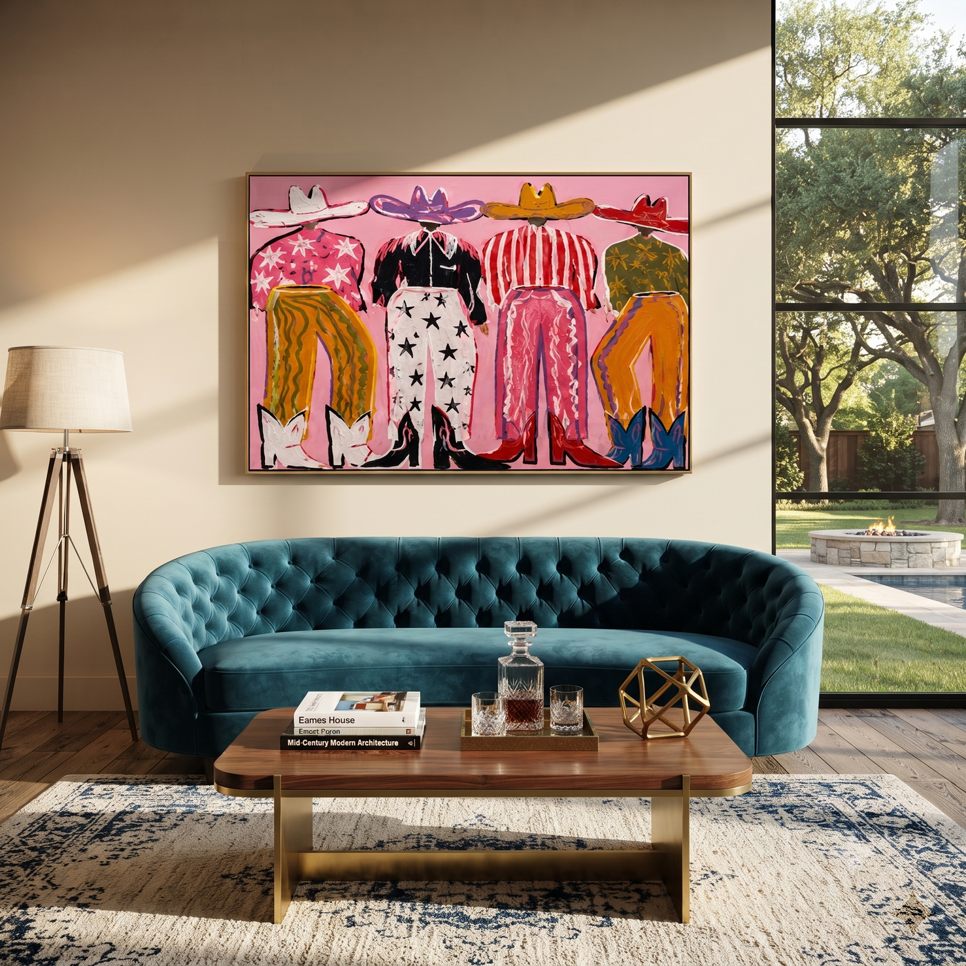 Stars Dress the West - five colorful cowboy figures painting by Savannah Reed, modern folk art horizontal wall art – styled room scene view 2