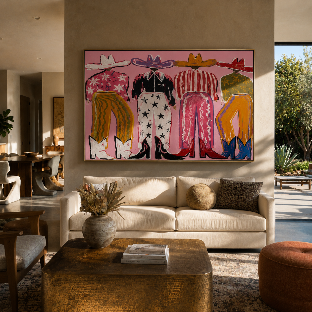Stars Dress the West - five colorful cowboy figures painting by Savannah Reed, modern folk art horizontal wall art – styled room scene view 3