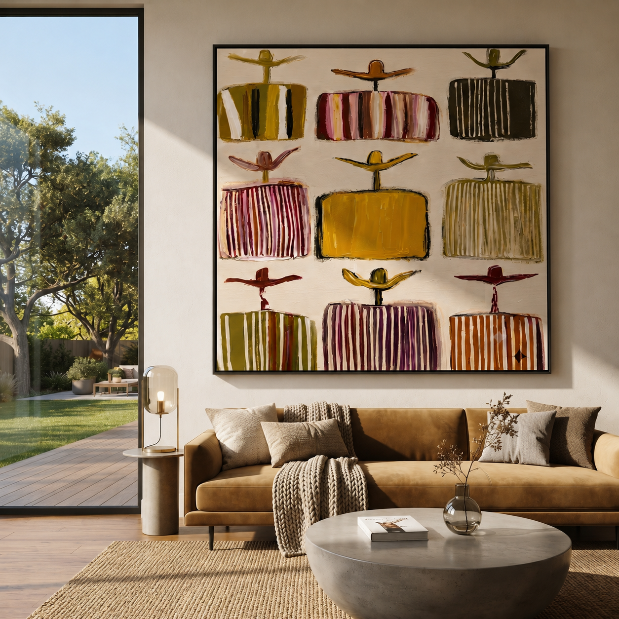 Nine Shirts Face Morning - cowboy hat pattern painting by Savannah Reed, modern folk art square wall art – styled room scene view 1