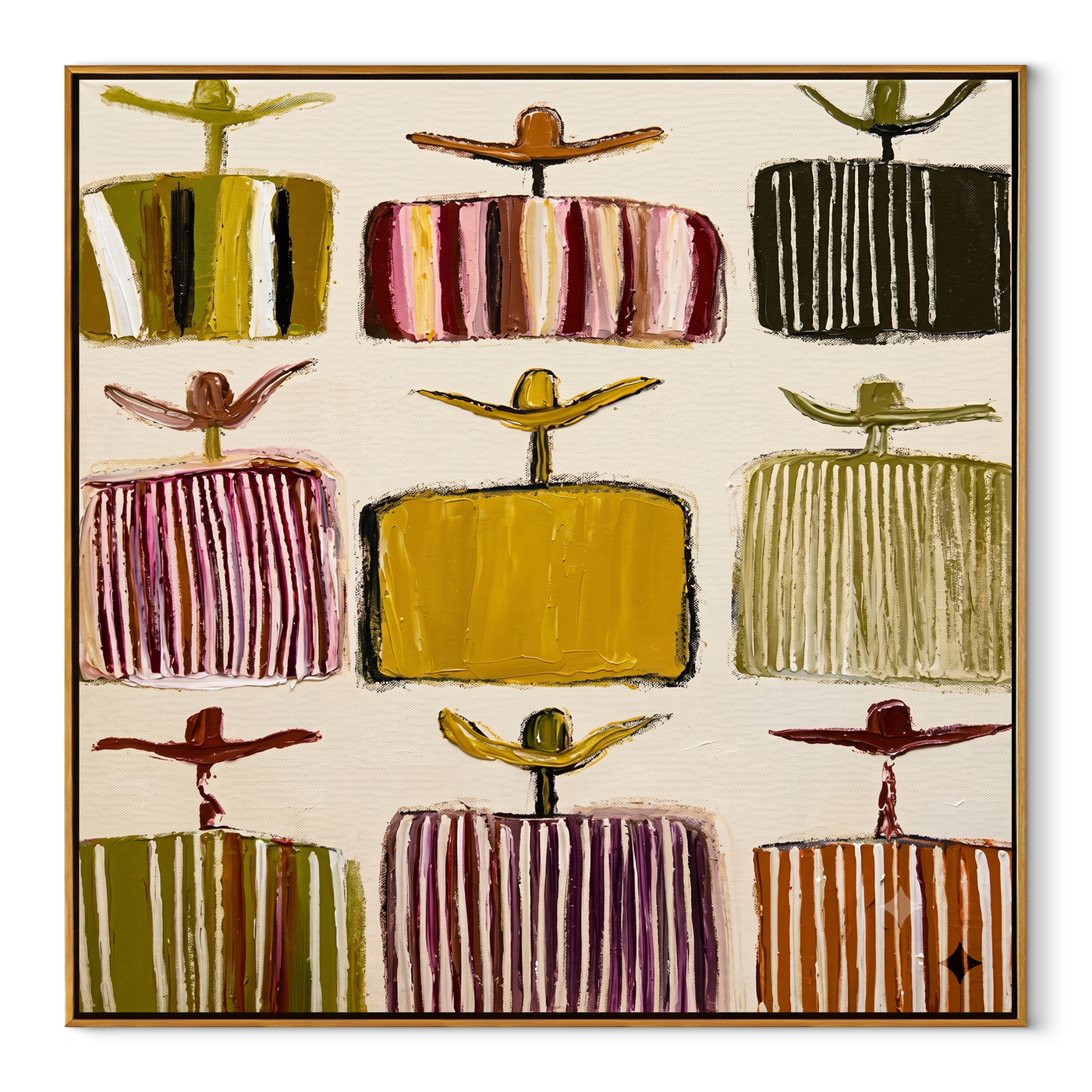 Nine Shirts Face Morning - cowboy hat pattern painting by Savannah Reed, modern folk art square wall art – wood frame on white background