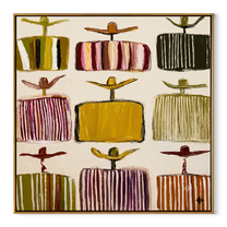 Nine Shirts Face Morning - cowboy hat pattern painting by Savannah Reed, modern folk art square wall art – wood frame on white background