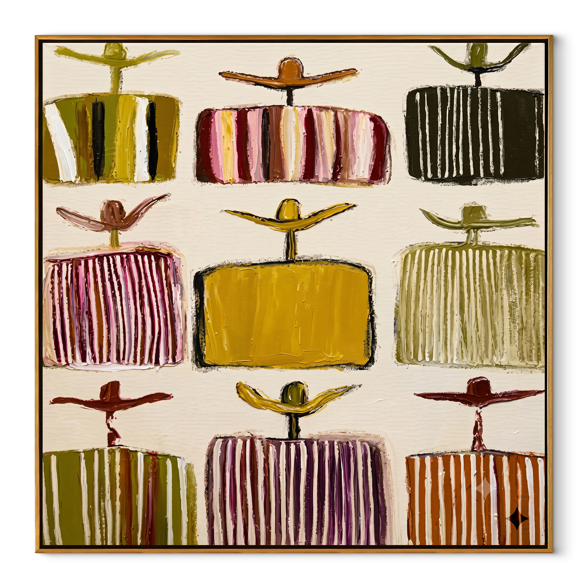 Nine Shirts Face Morning - cowboy hat pattern painting by Savannah Reed, modern folk art square wall art – wood frame on white background