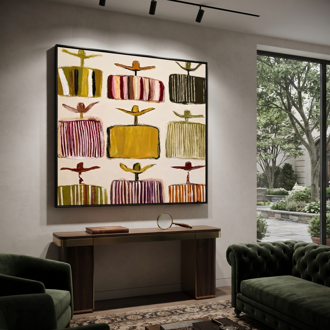 Nine Shirts Face Morning - cowboy hat pattern painting by Savannah Reed, modern folk art square wall art – styled room scene view 2