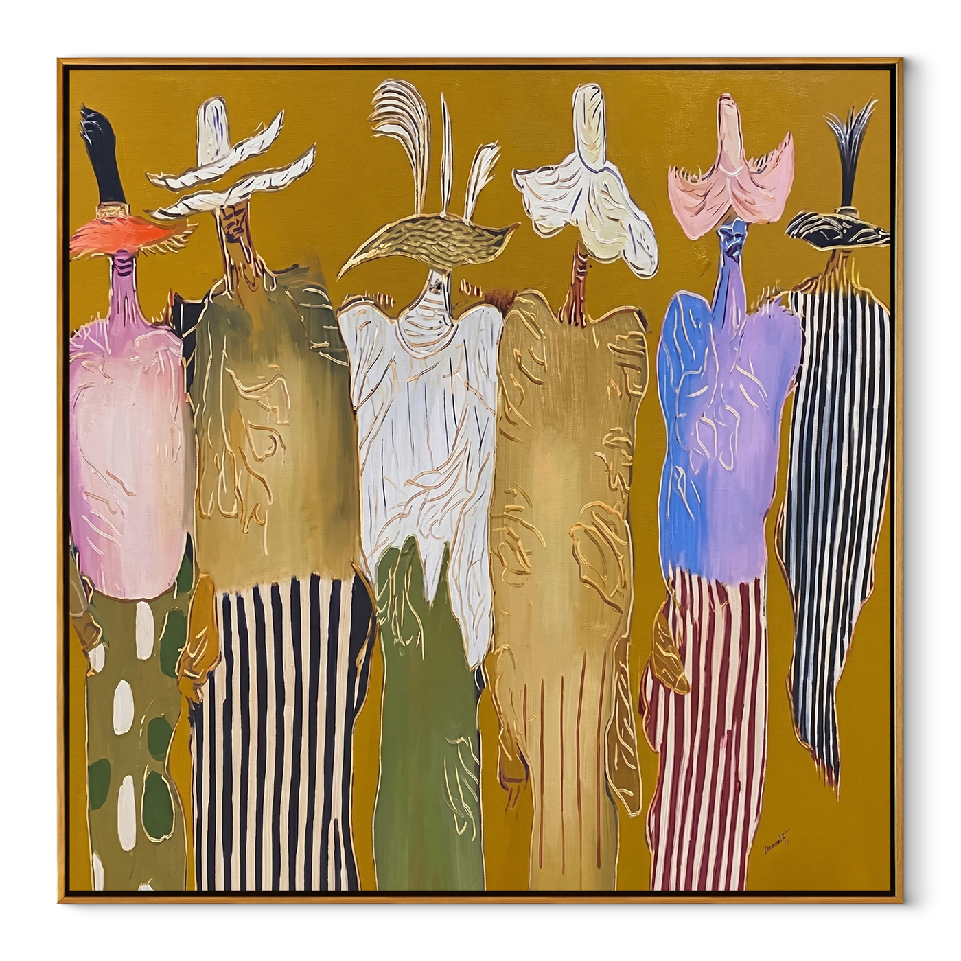 Feathered Hats Form a Chorus - colorful western figures painting by Savannah Reed, modern folk art square wall art – wood frame on white background