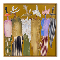 Feathered Hats Form a Chorus - colorful western figures painting by Savannah Reed, modern folk art square wall art – wood frame on white background
