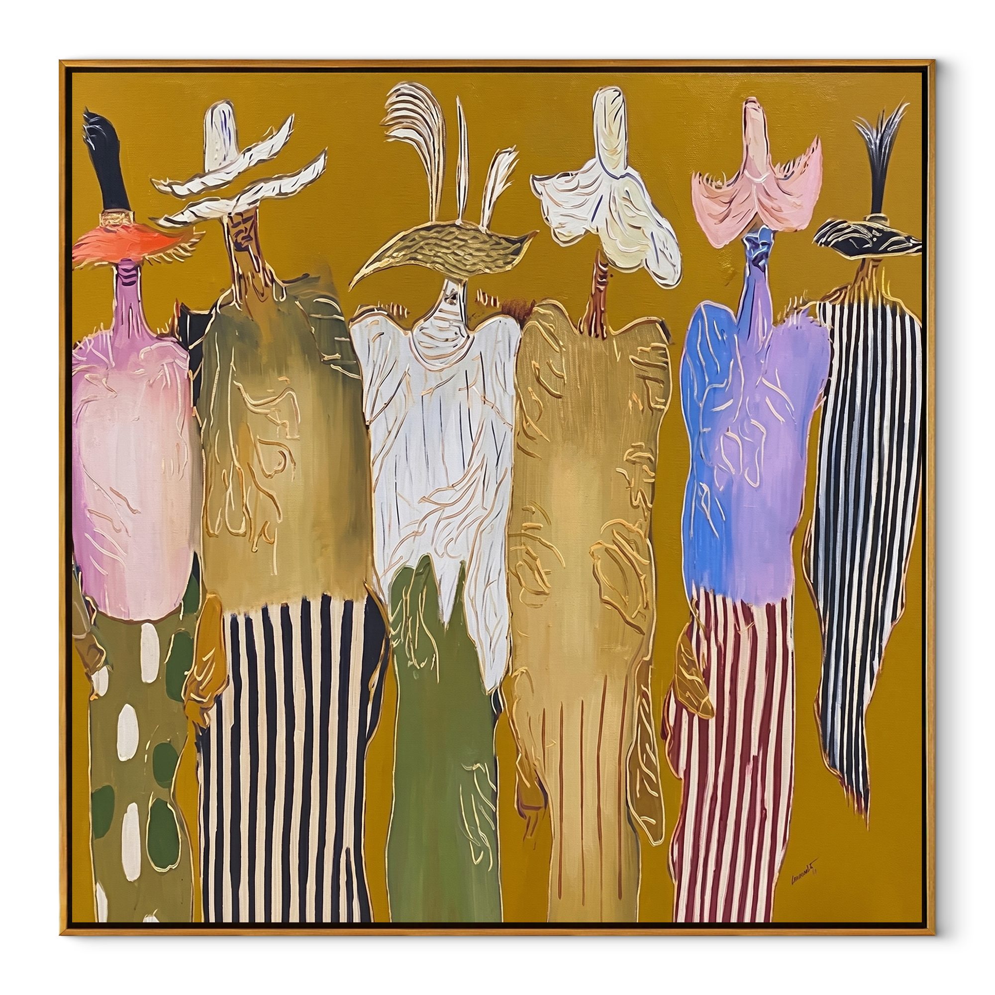 Feathered Hats Form a Chorus - colorful western figures painting by Savannah Reed, modern folk art square wall art – wood frame on white background