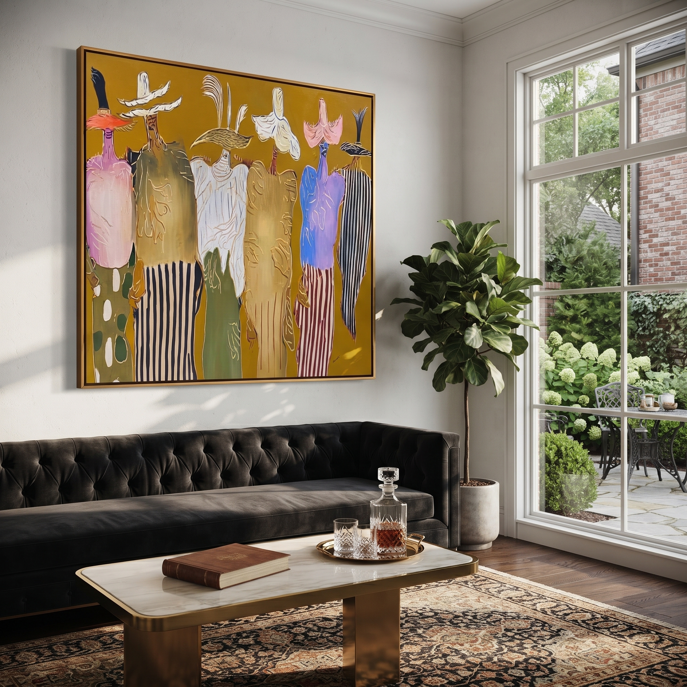 Feathered Hats Form a Chorus - colorful western figures painting by Savannah Reed, modern folk art square wall art – styled room scene view 2