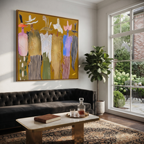 Feathered Hats Form a Chorus - colorful western figures painting by Savannah Reed, modern folk art square wall art – styled room scene view 2