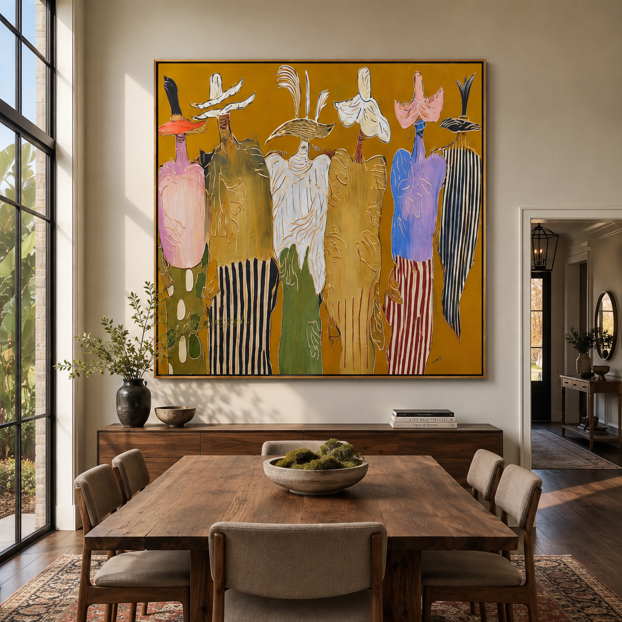 Feathered Hats Form a Chorus - colorful western figures painting by Savannah Reed, modern folk art square wall art – styled room scene view 3