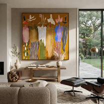 Feathered Hats Form a Chorus - colorful western figures painting by Savannah Reed, modern folk art square wall art – styled room scene view 4