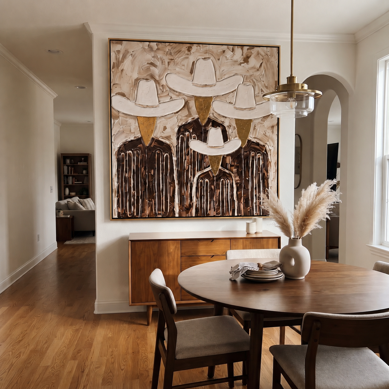 White Hats Close the Circle - five textured cowboy portraits painting by Savannah Reed, modern folk art square wall art – styled room scene view 1