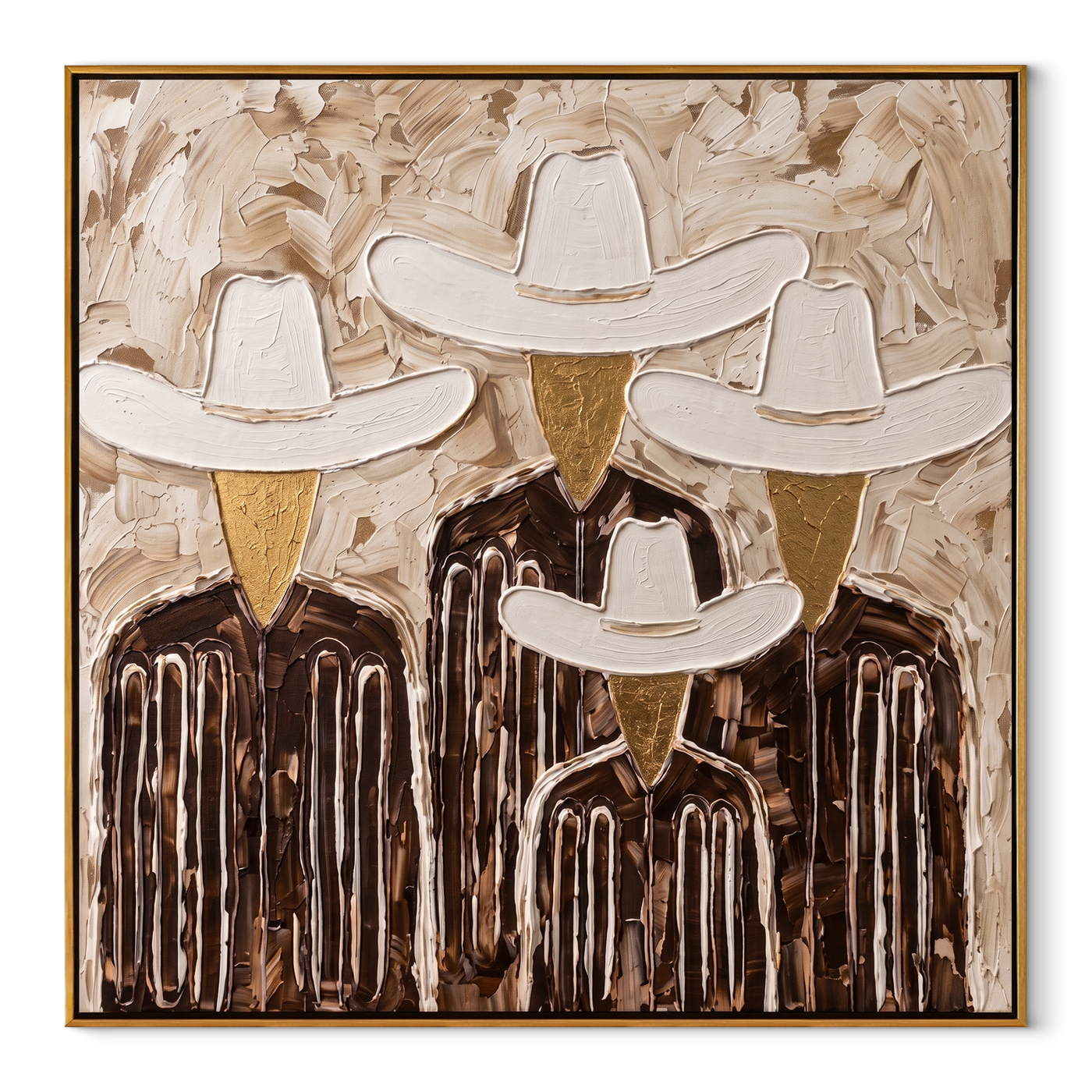 White Hats Close the Circle - five textured cowboy portraits painting by Savannah Reed, modern folk art square wall art – wood frame on white background