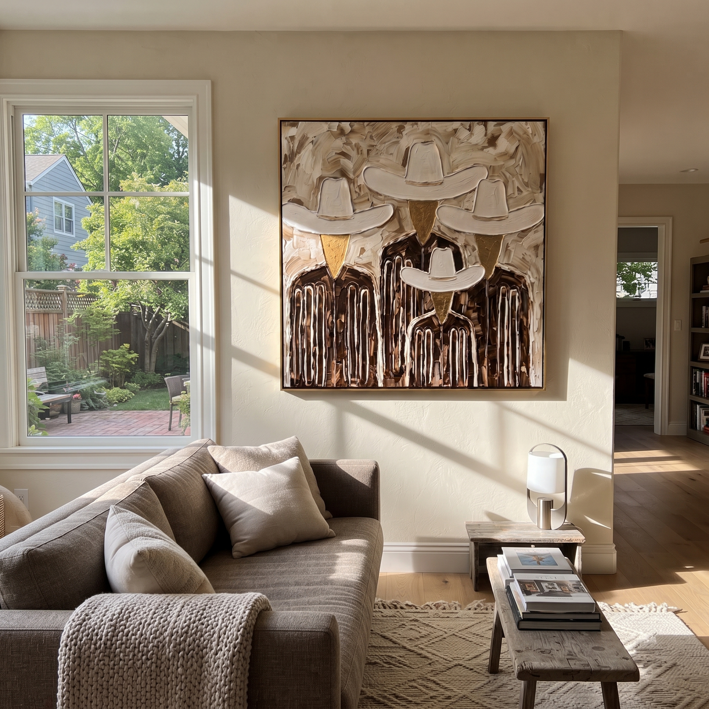 White Hats Close the Circle - five textured cowboy portraits painting by Savannah Reed, modern folk art square wall art – styled room scene view 2