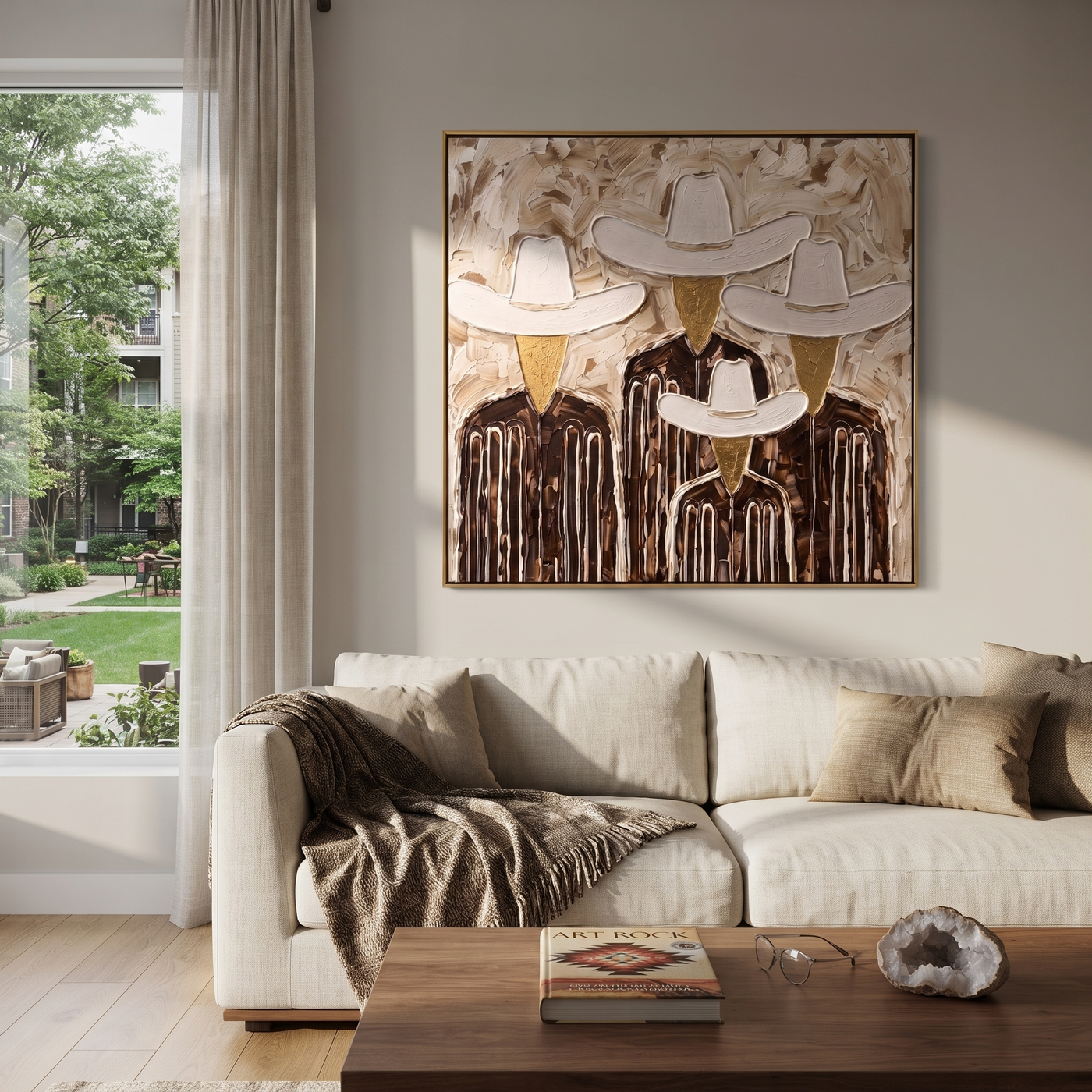 White Hats Close the Circle - five textured cowboy portraits painting by Savannah Reed, modern folk art square wall art – styled room scene view 3