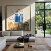 Blue Stripes Hold the Center - five minimalist cowboy figures painting by Savannah Reed, modern folk art square wall art – styled room scene view 1