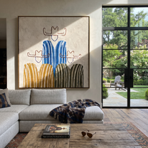 Blue Stripes Hold the Center - five minimalist cowboy figures painting by Savannah Reed, modern folk art square wall art – styled room scene view 1