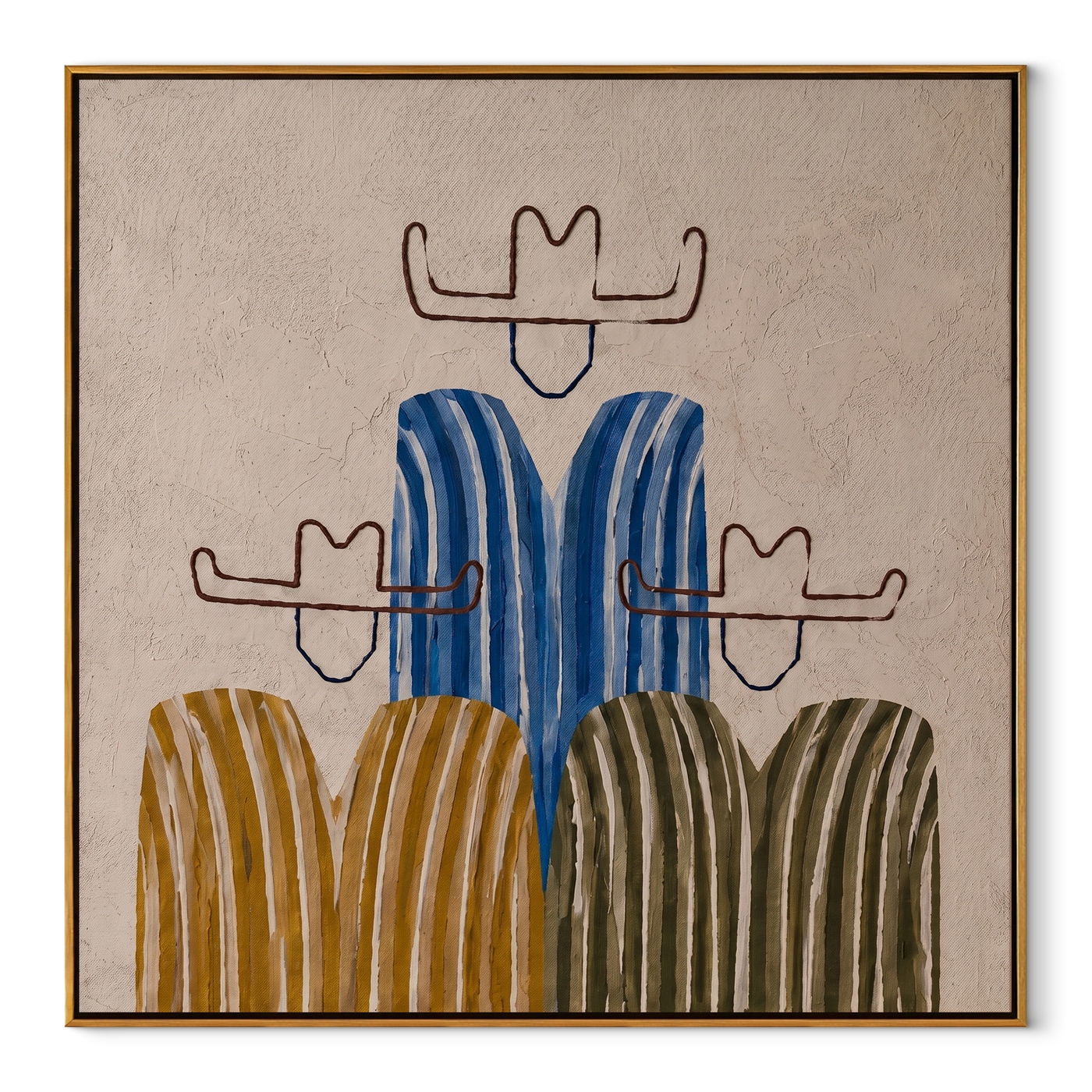 Blue Stripes Hold the Center - five minimalist cowboy figures painting by Savannah Reed, modern folk art square wall art – wood frame on white background
