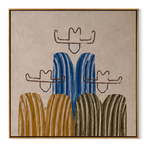 Blue Stripes Hold the Center - five minimalist cowboy figures painting by Savannah Reed, modern folk art square wall art – wood frame on white background