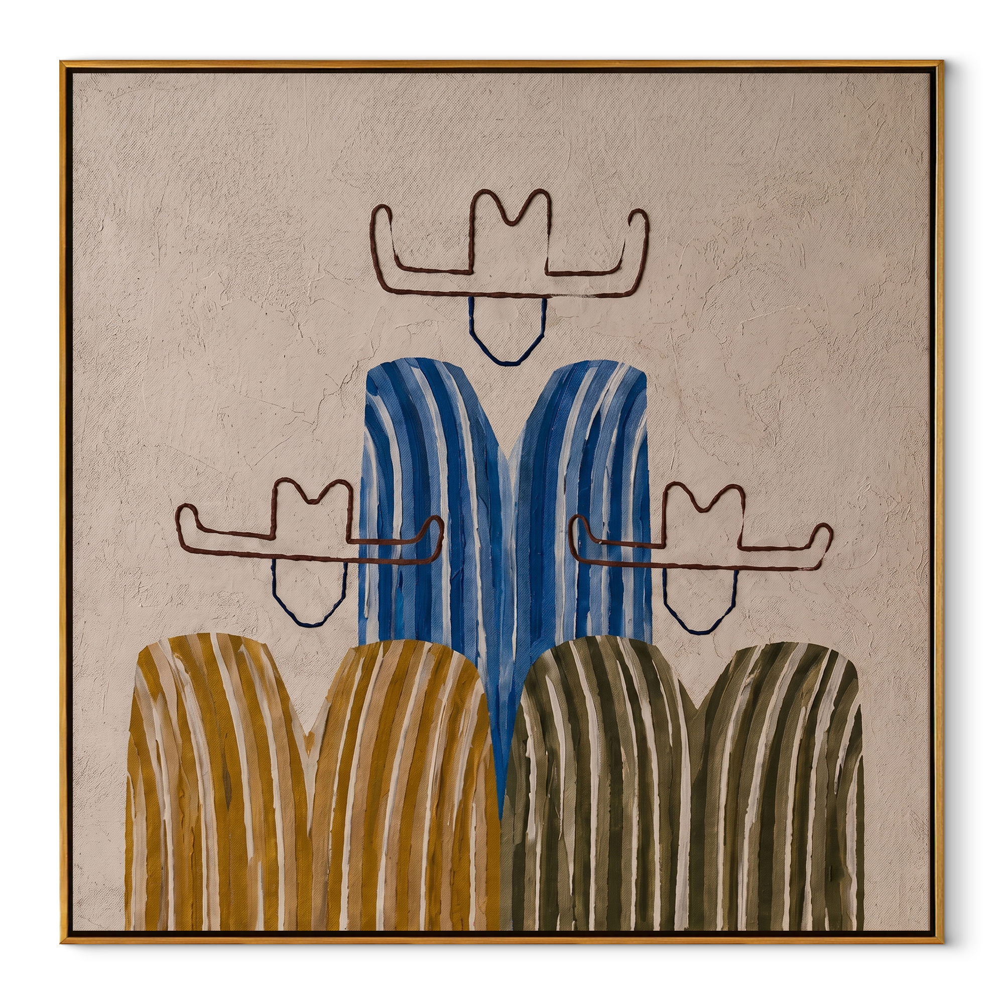 Blue Stripes Hold the Center - five minimalist cowboy figures painting by Savannah Reed, modern folk art square wall art – wood frame on white background