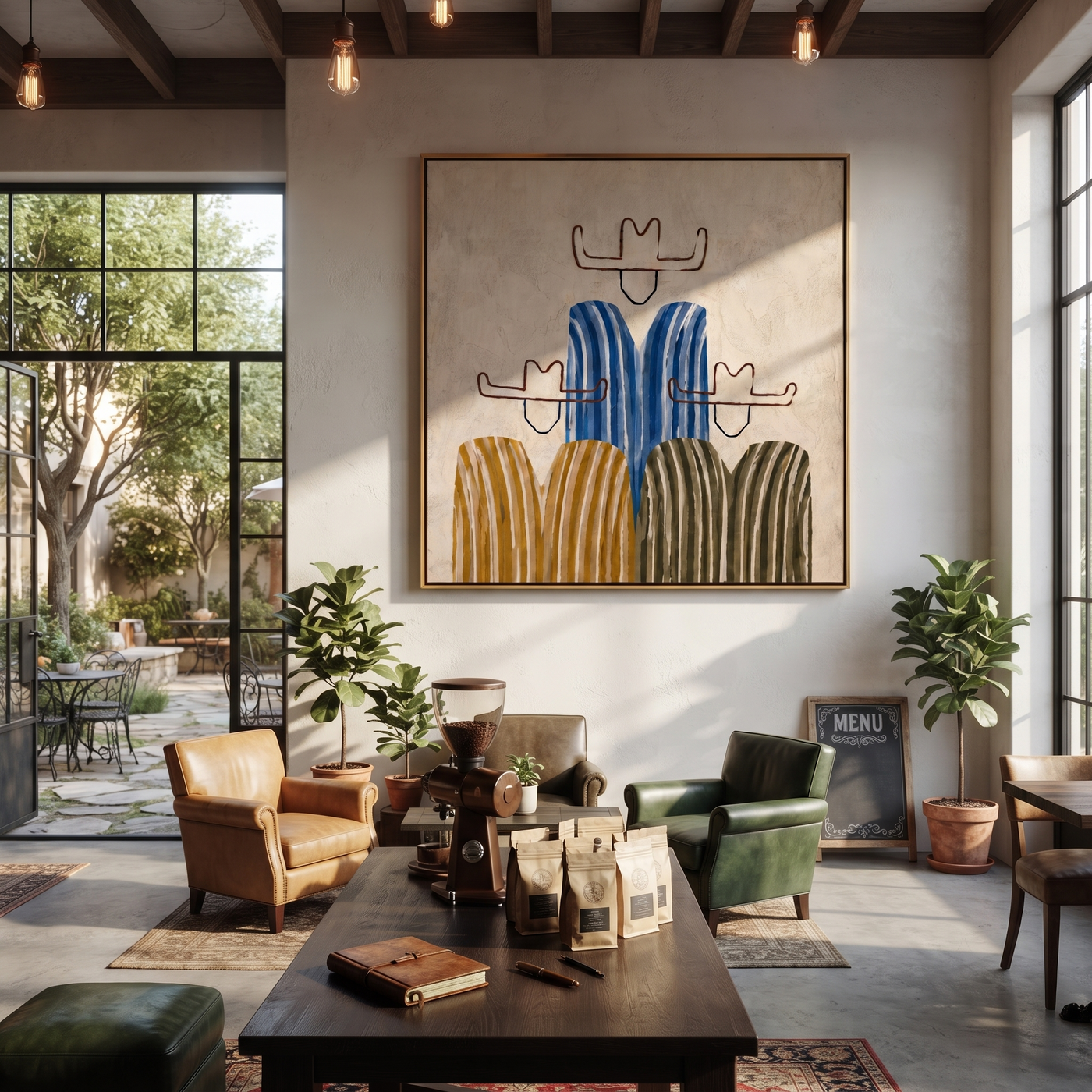 Blue Stripes Hold the Center - five minimalist cowboy figures painting by Savannah Reed, modern folk art square wall art – styled room scene view 2
