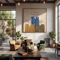Blue Stripes Hold the Center - five minimalist cowboy figures painting by Savannah Reed, modern folk art square wall art – styled room scene view 2