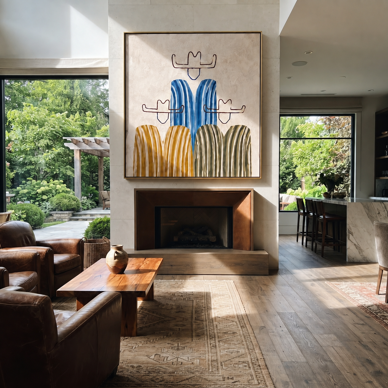 Blue Stripes Hold the Center - five minimalist cowboy figures painting by Savannah Reed, modern folk art square wall art – styled room scene view 3