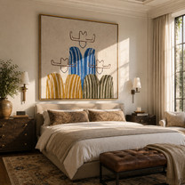 Blue Stripes Hold the Center - five minimalist cowboy figures painting by Savannah Reed, modern folk art square wall art – styled room scene view 4