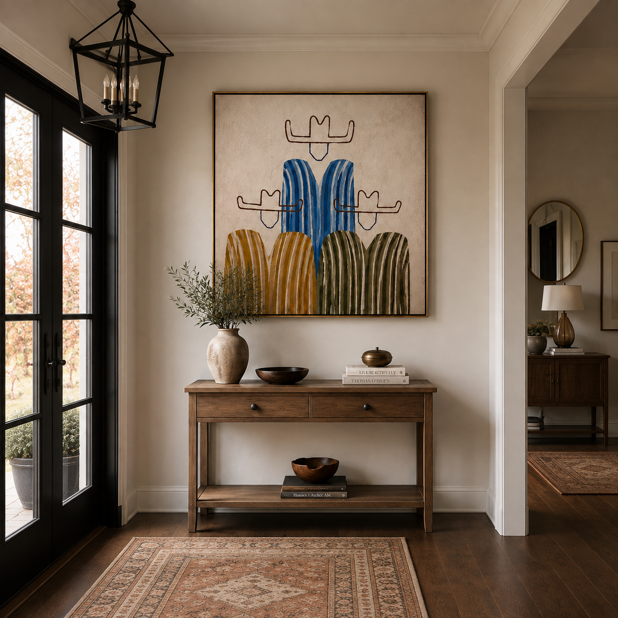 Blue Stripes Hold the Center - five minimalist cowboy figures painting by Savannah Reed, modern folk art square wall art – styled room scene view 5