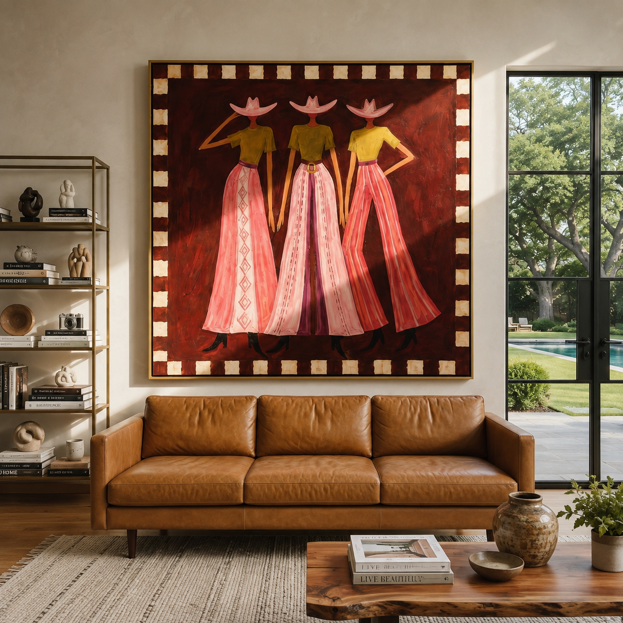Three Cowgirls Wear Sunset - three cowgirls portrait painting by Savannah Reed, modern folk art square wall art – styled room scene view 1