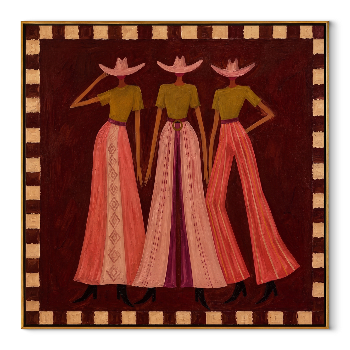Three Cowgirls Wear Sunset - three cowgirls portrait painting by Savannah Reed, modern folk art square wall art – wood frame on white background