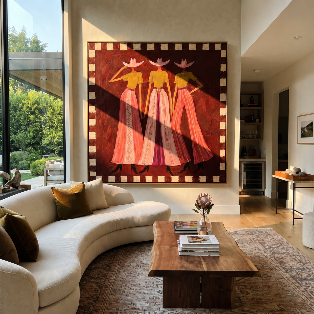 Three Cowgirls Wear Sunset - three cowgirls portrait painting by Savannah Reed, modern folk art square wall art – styled room scene view 2