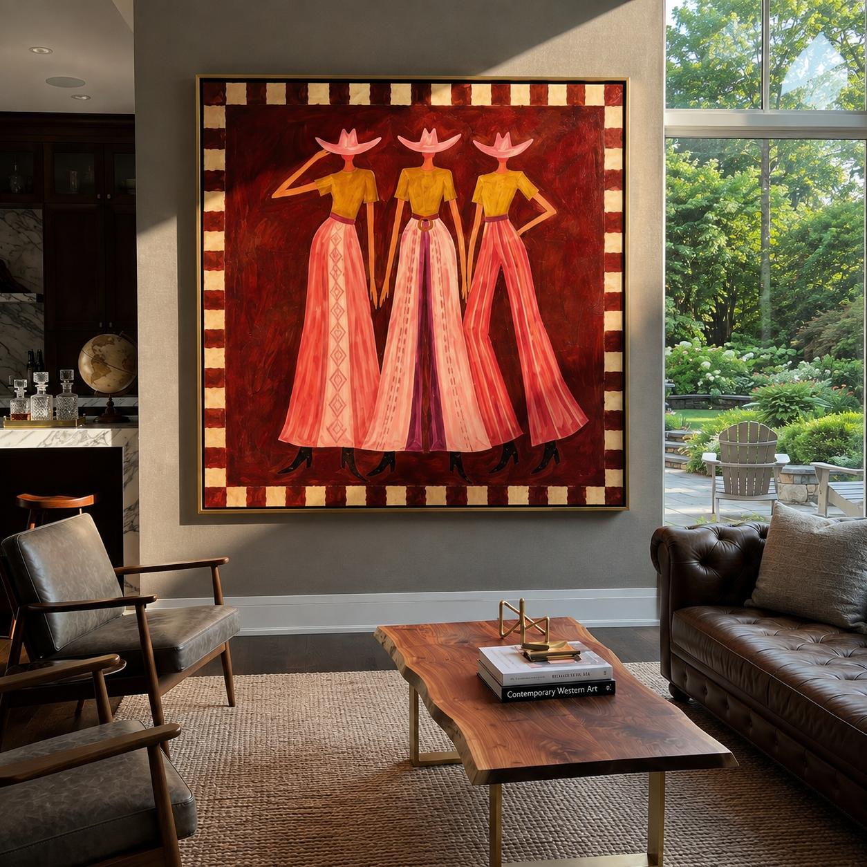 Three Cowgirls Wear Sunset - three cowgirls portrait painting by Savannah Reed, modern folk art square wall art – styled room scene view 3