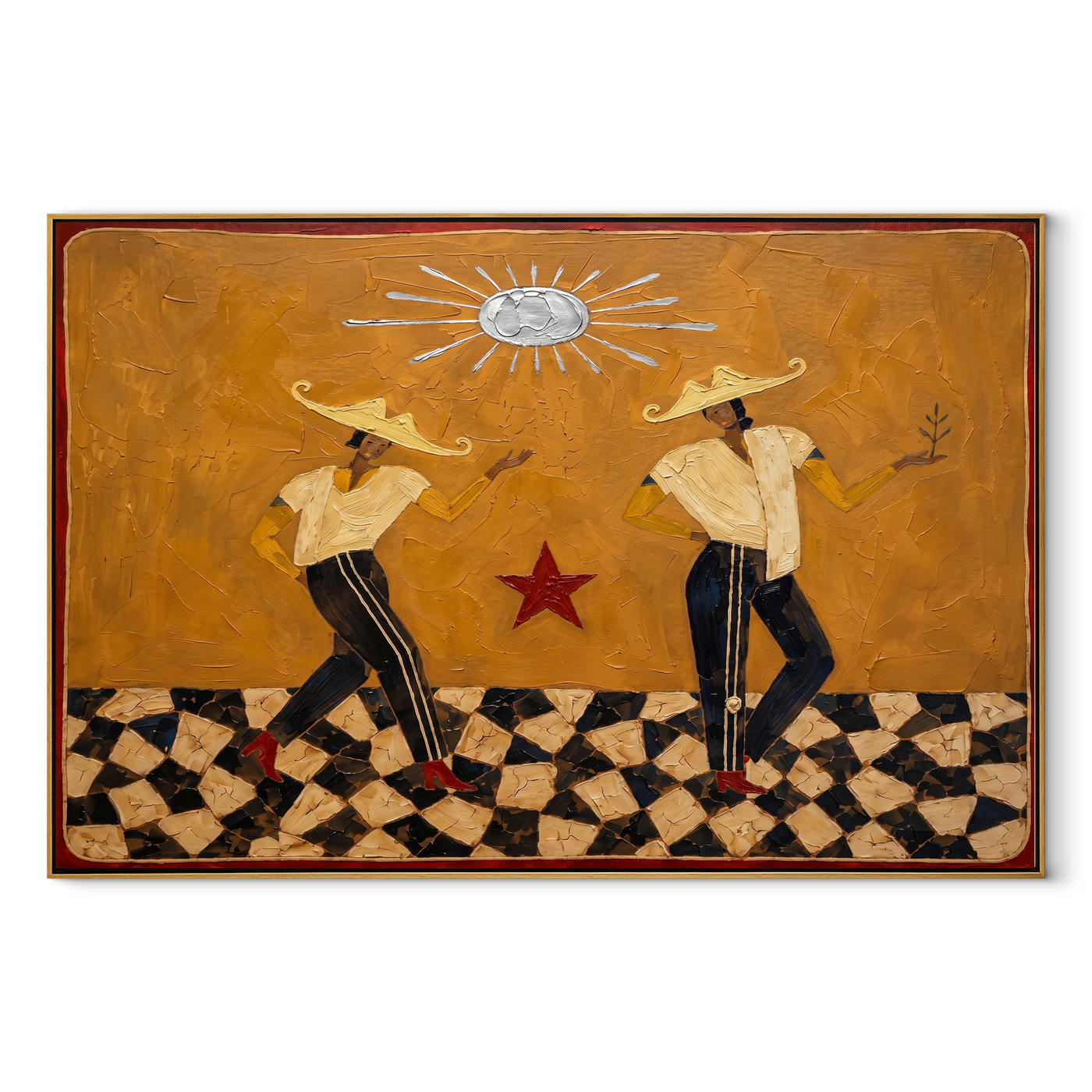 Red Star Keeps the Rhythm - dancing cowgirls painting by Savannah Reed, modern folk art horizontal wall art – wood frame on white background