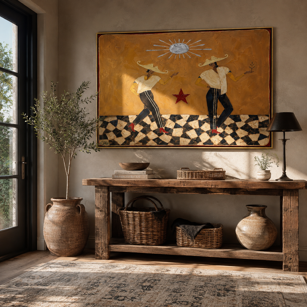 Red Star Keeps the Rhythm - dancing cowgirls painting by Savannah Reed, modern folk art horizontal wall art – styled room scene view 2