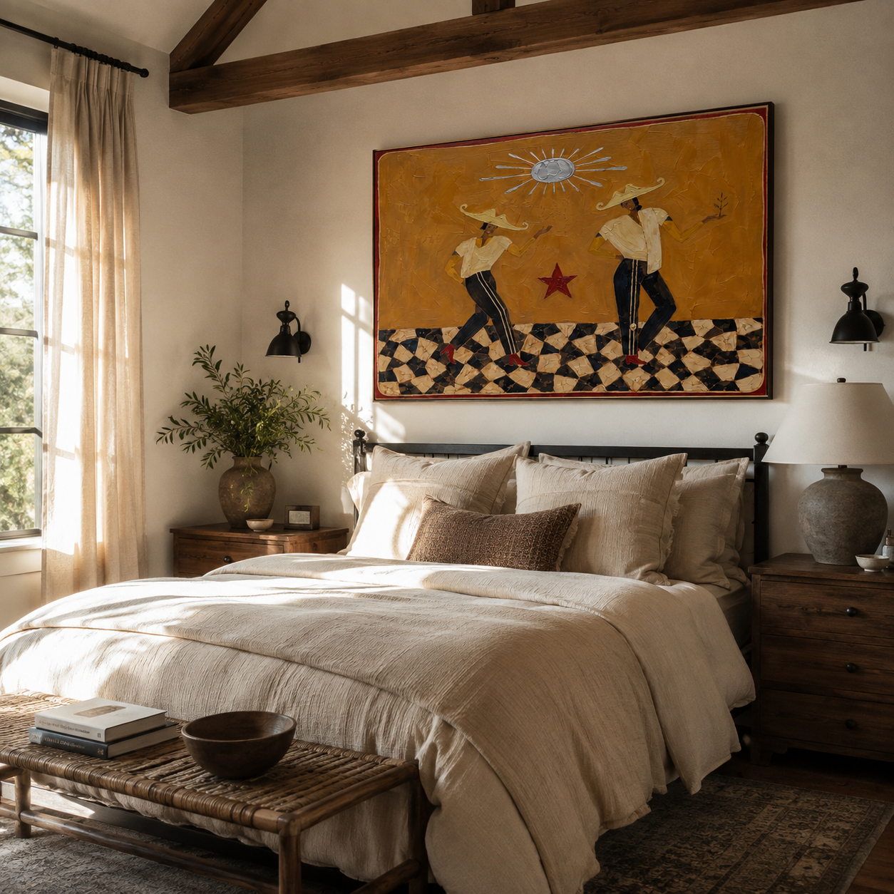 Red Star Keeps the Rhythm - dancing cowgirls painting by Savannah Reed, modern folk art horizontal wall art – styled room scene view 3