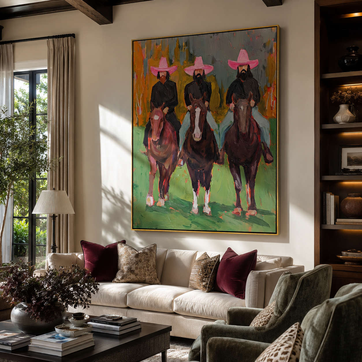 Three Pink Hats Ride Forward - three cowboy horsemen painting by Savannah Reed, modern folk art vertical wall art – styled room scene view 1