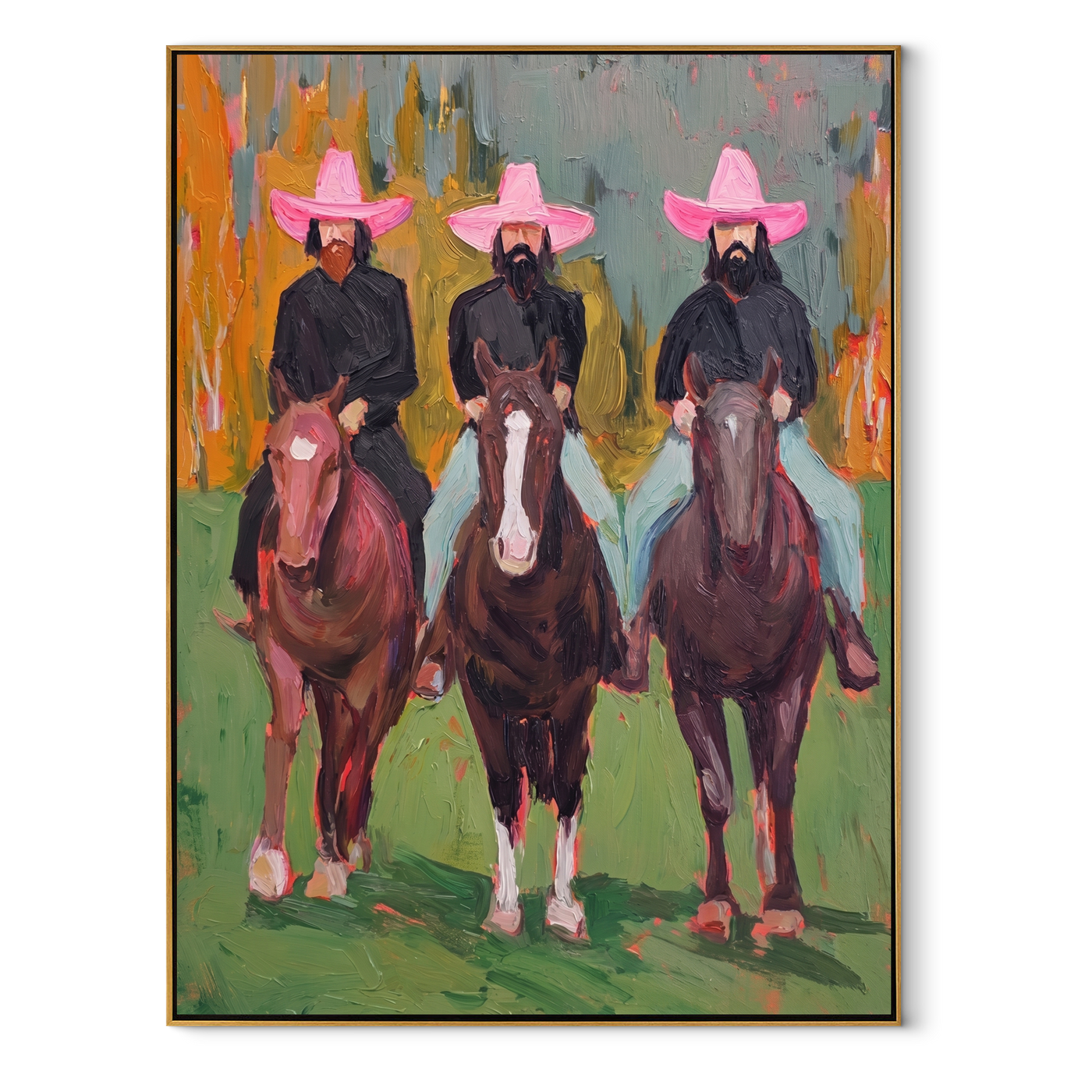Three Pink Hats Ride Forward - three cowboy horsemen painting by Savannah Reed, modern folk art vertical wall art – wood frame on white background