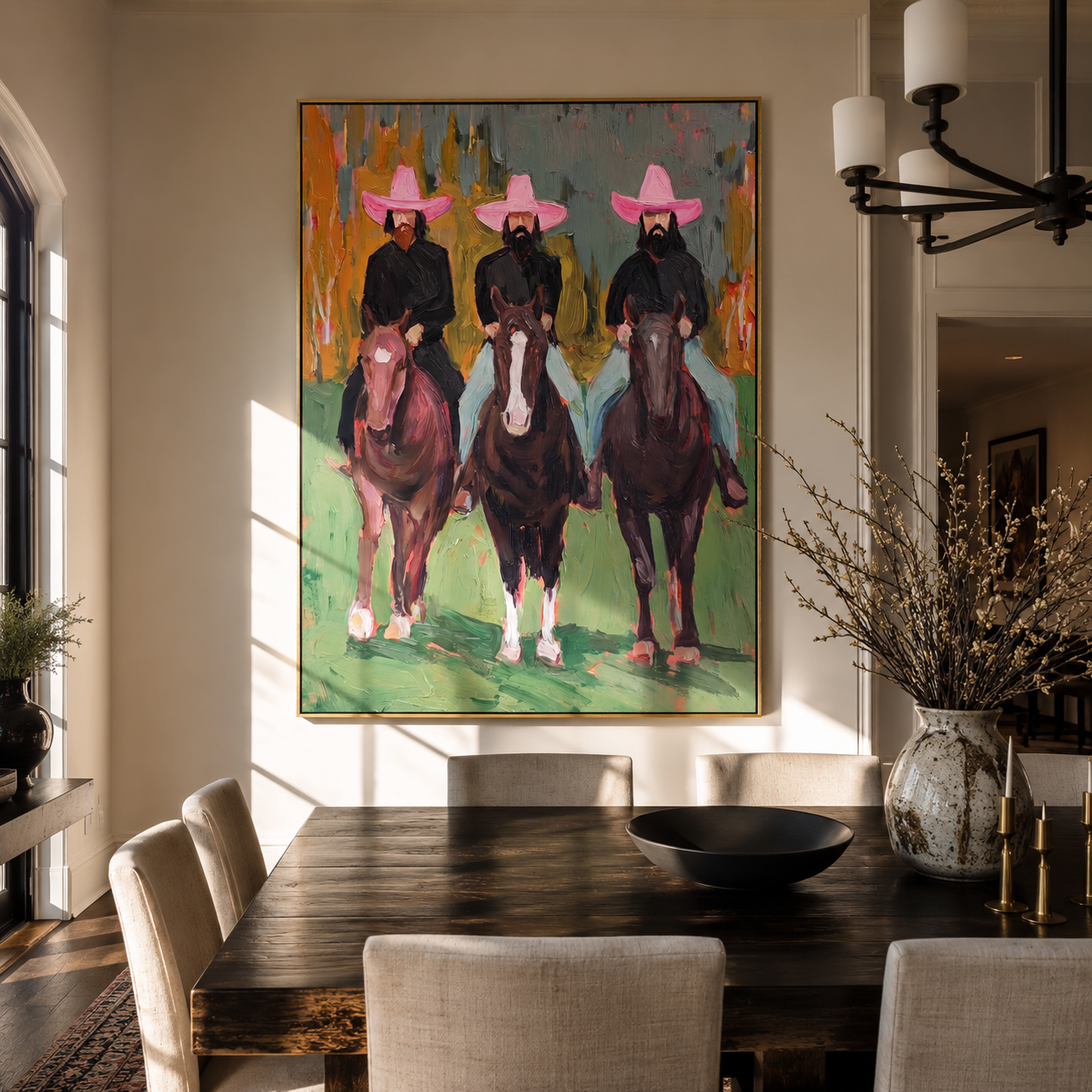 Three Pink Hats Ride Forward - three cowboy horsemen painting by Savannah Reed, modern folk art vertical wall art – styled room scene view 2