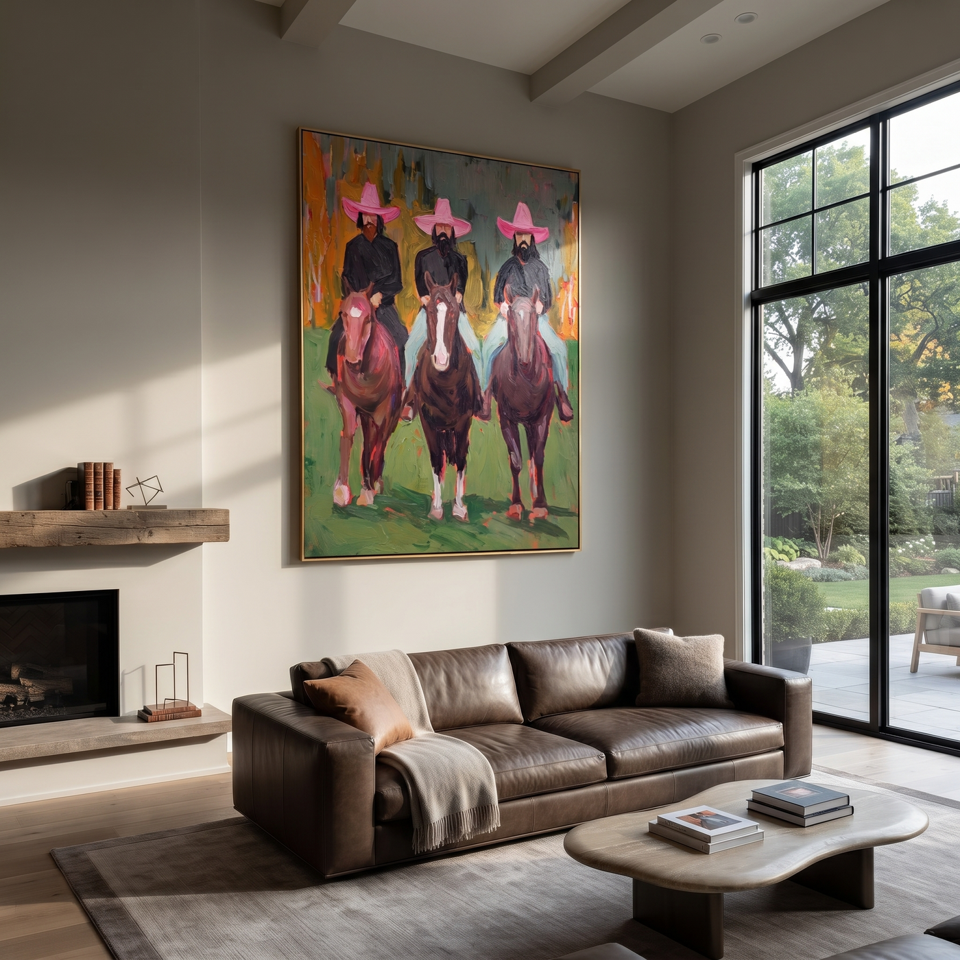 Three Pink Hats Ride Forward - three cowboy horsemen painting by Savannah Reed, modern folk art vertical wall art – styled room scene view 3