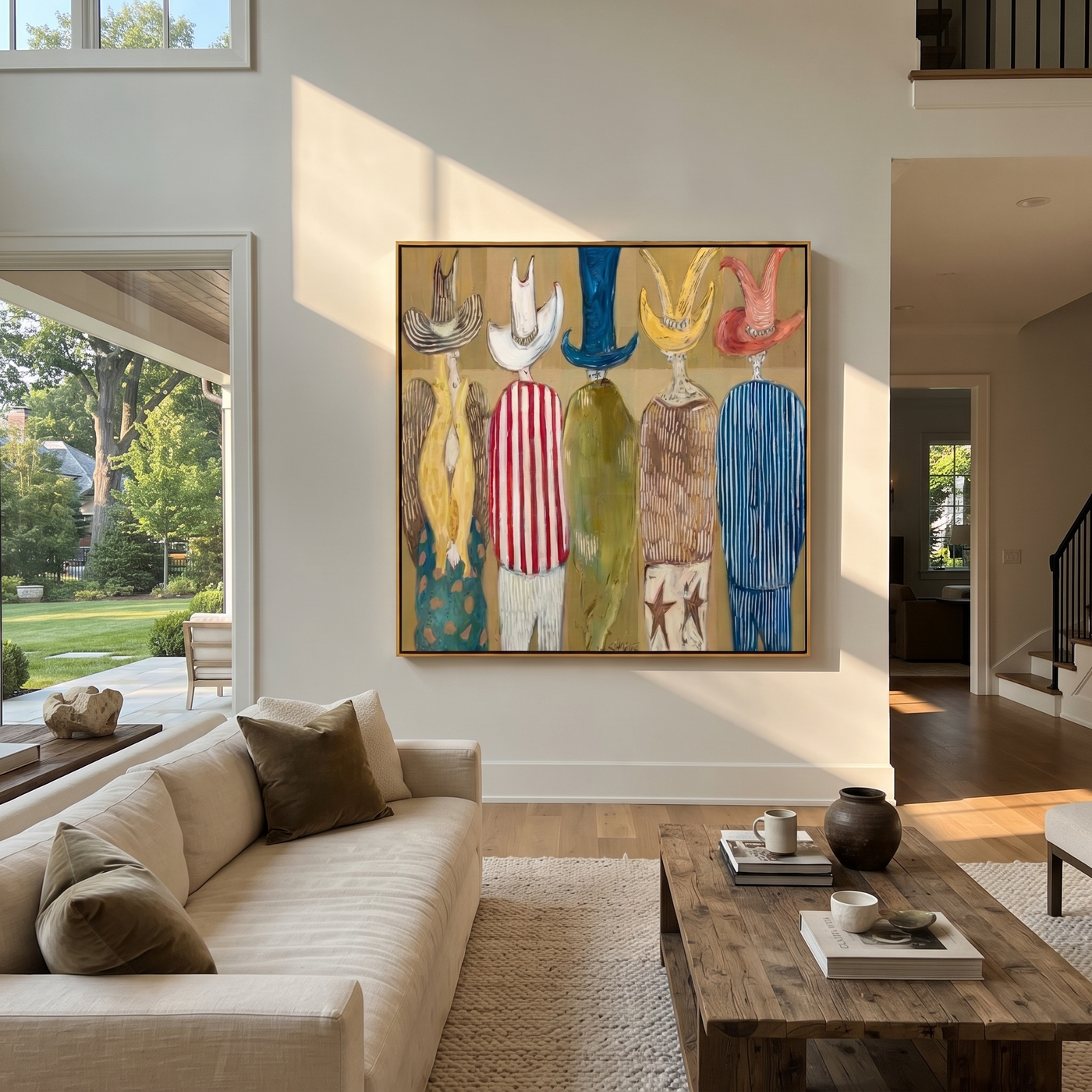 Hats Face the Crowd - colorful cowboy hats painting by Savannah Reed, modern folk art square wall art – styled room scene view 1