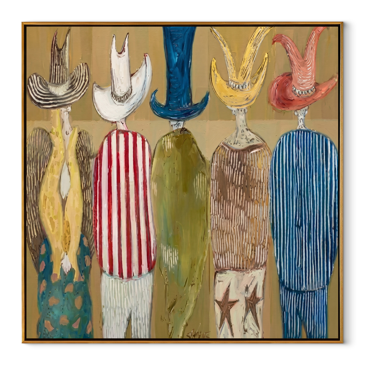 Hats Face the Crowd - colorful cowboy hats painting by Savannah Reed, modern folk art square wall art – wood frame on white background