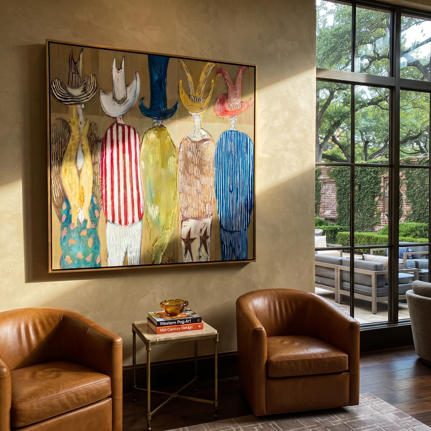 Hats Face the Crowd - colorful cowboy hats painting by Savannah Reed, modern folk art square wall art – styled room scene view 3