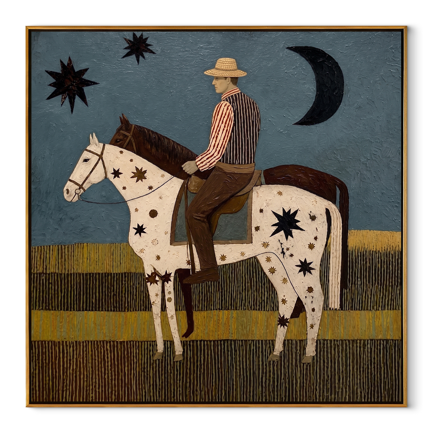 Stars Cross Midnight - star-spotted horse and rider painting by Savannah Reed, modern folk art square wall art – wood frame on white background