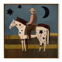 Stars Cross Midnight - star-spotted horse and rider painting by Savannah Reed, modern folk art square wall art – wood frame on white background