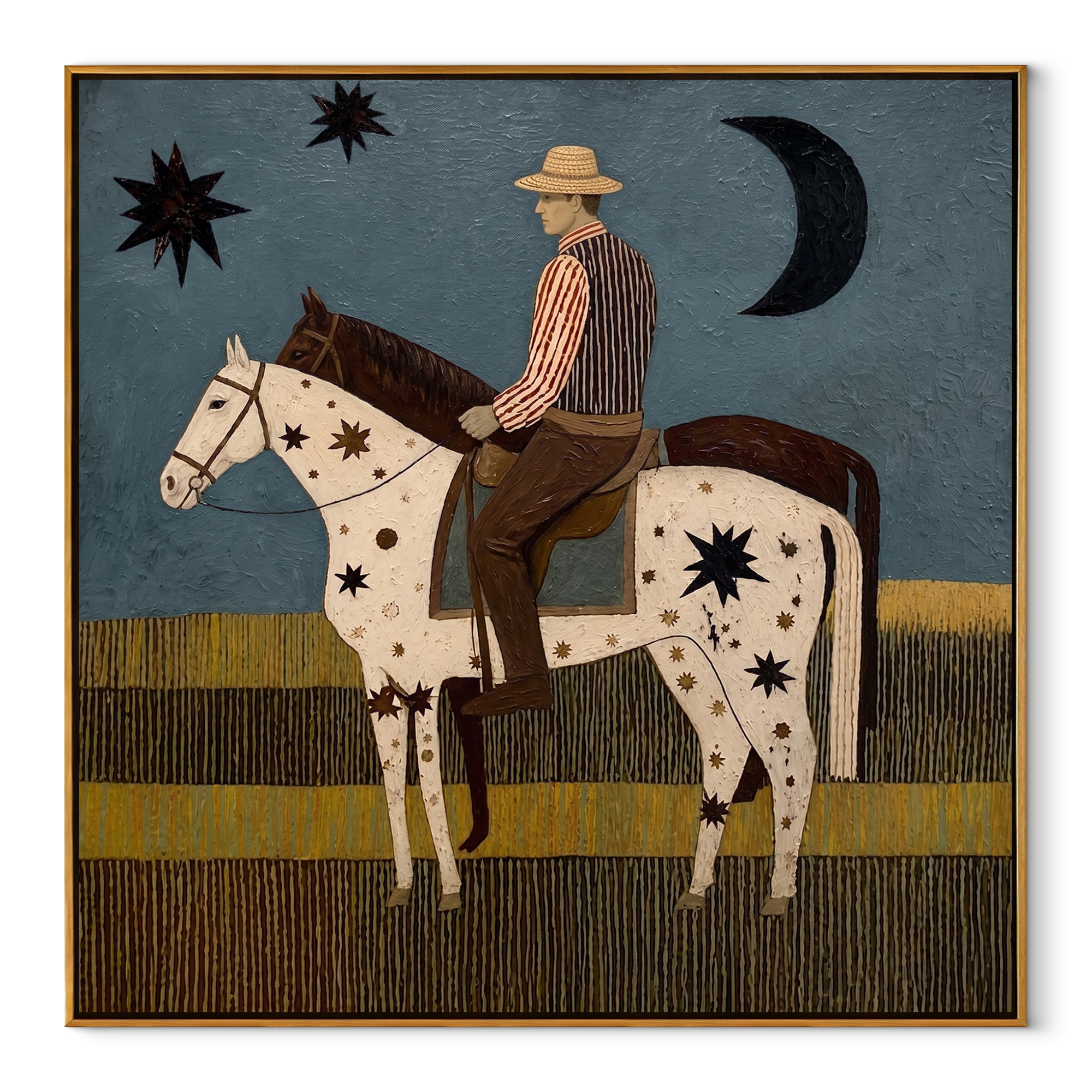 Stars Cross Midnight - star-spotted horse and rider painting by Savannah Reed, modern folk art square wall art – wood frame on white background
