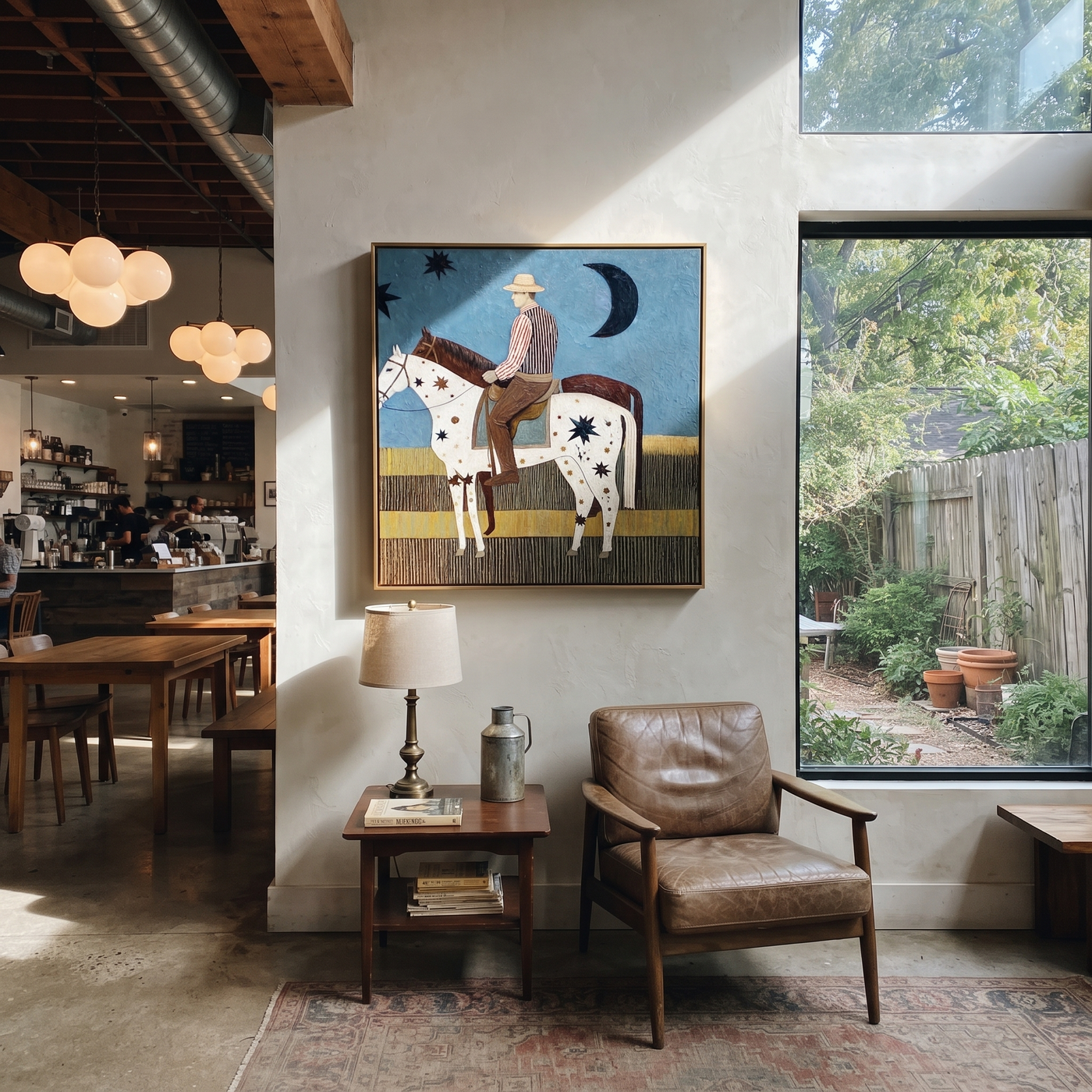 Stars Cross Midnight - star-spotted horse and rider painting by Savannah Reed, modern folk art square wall art – styled room scene view 2