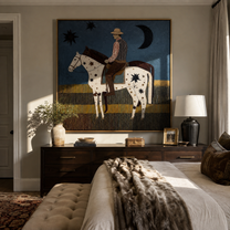 Stars Cross Midnight - star-spotted horse and rider painting by Savannah Reed, modern folk art square wall art – styled room scene view 3
