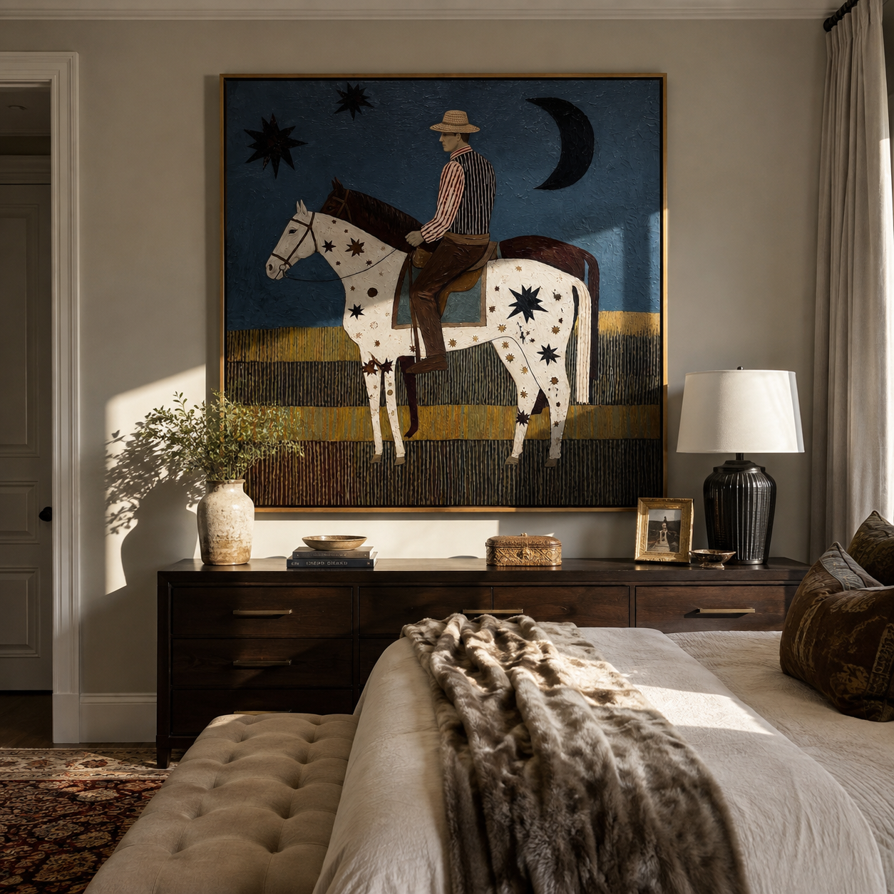 Stars Cross Midnight - star-spotted horse and rider painting by Savannah Reed, modern folk art square wall art – styled room scene view 3